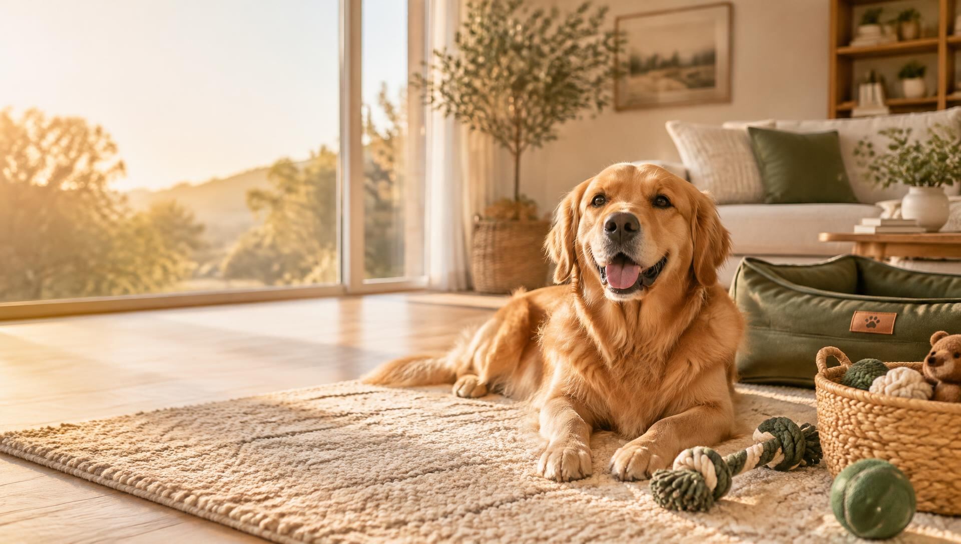 A happy golden retriever relaxing on a cream rug surrounded by pet toys and a green dog bed