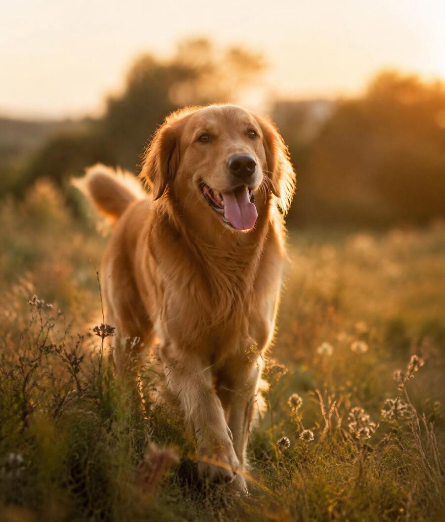 A golden retriever trotting happily through a sunlit meadow
